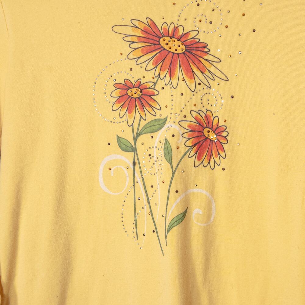 Top Stitch Long Sleeve Shirt Size M Yellow Floral Rhinestone Beachy Tee - Picture 4 of 7